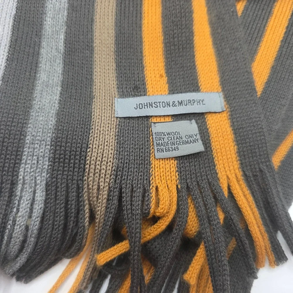 Johnston & Murphy Mens 100% Wool Scarf Striped Black Yellow Grey Made in Germany